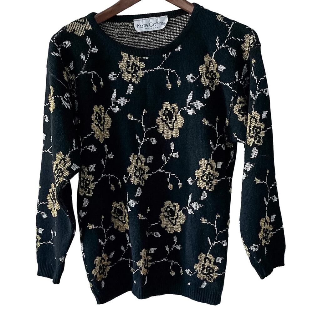 Kate Collins vintage Metallic Gold Rose Crewneck Sweater dark romance size S